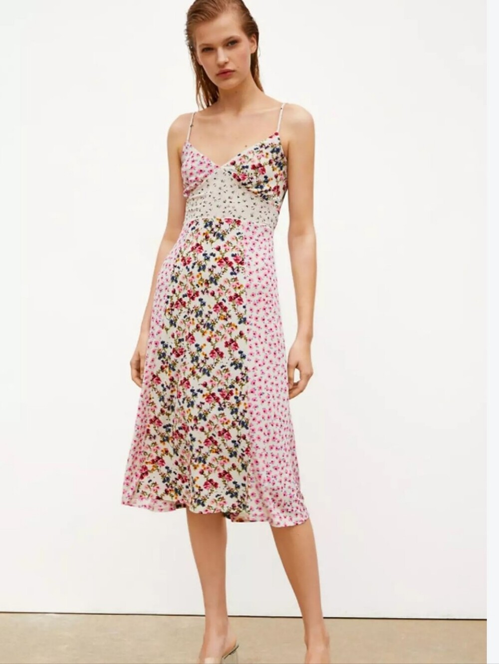 Zara Pink Floral Patchwork Midi Slip Dress